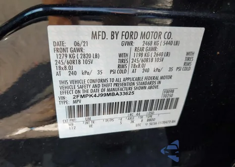 2021 Ford Edge Sel z USA, uszkodzony, nr VIN 2FMPK4J99MBA33625